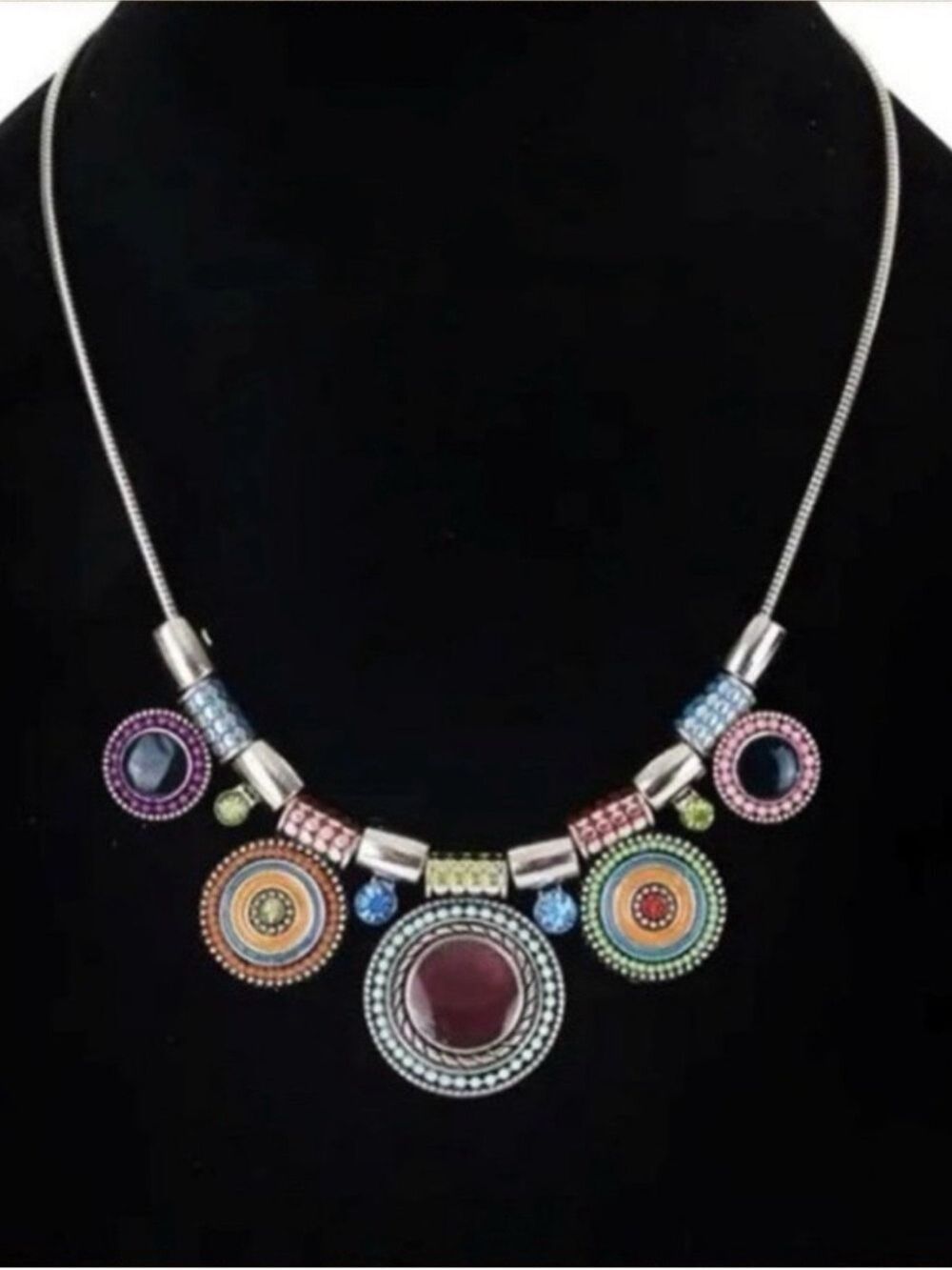 Boho Silver Tone Colorful Crystal Enamel Multi Pendant Necklace - Picture 1 of 9